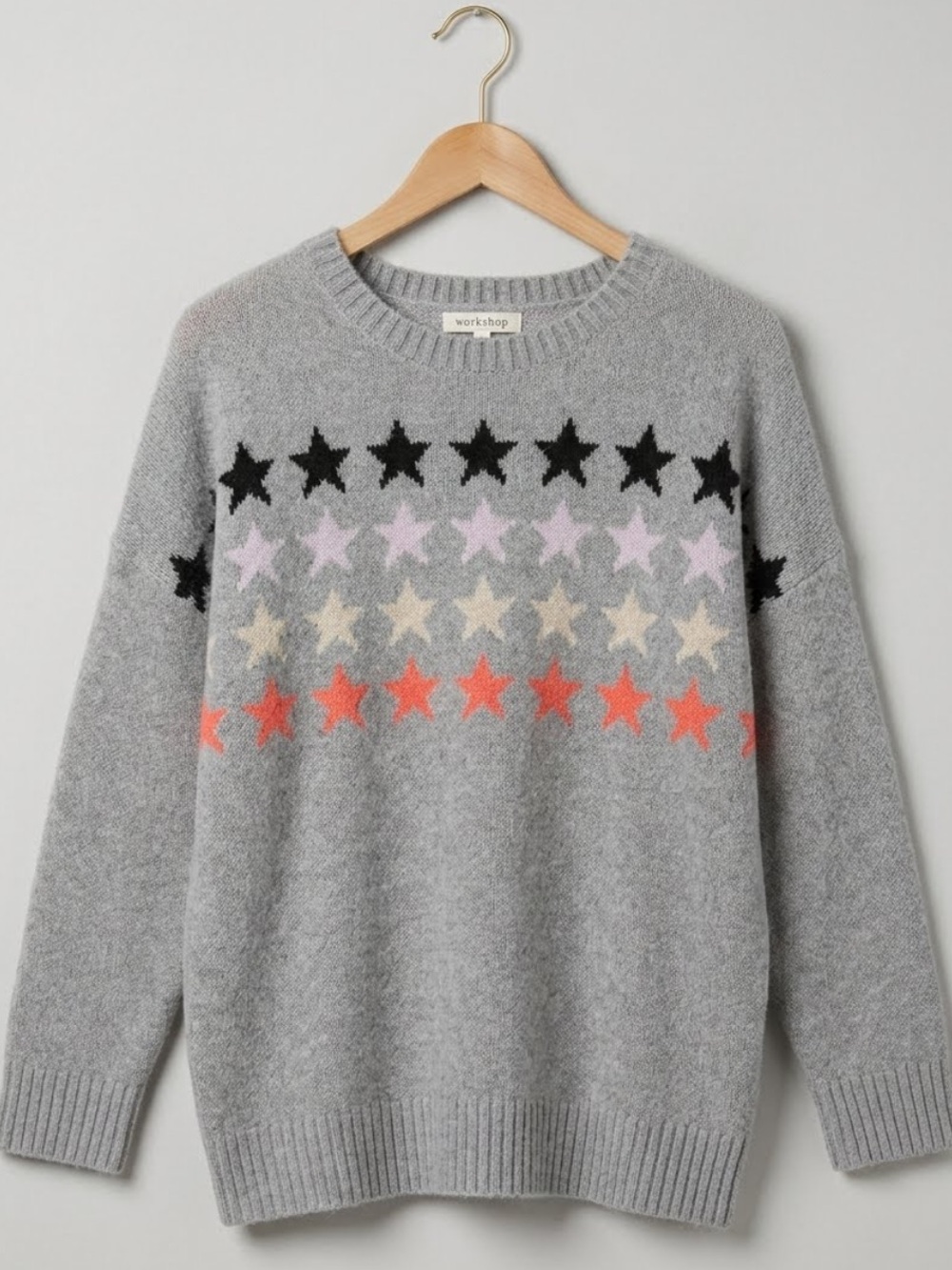 Workshop Republic Clothing Gray Crewneck Sweater with Multicolor Star Rows